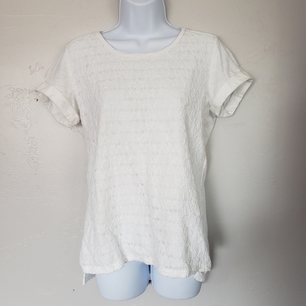 White Short Sleeve Lace Overlay Stripes Medium